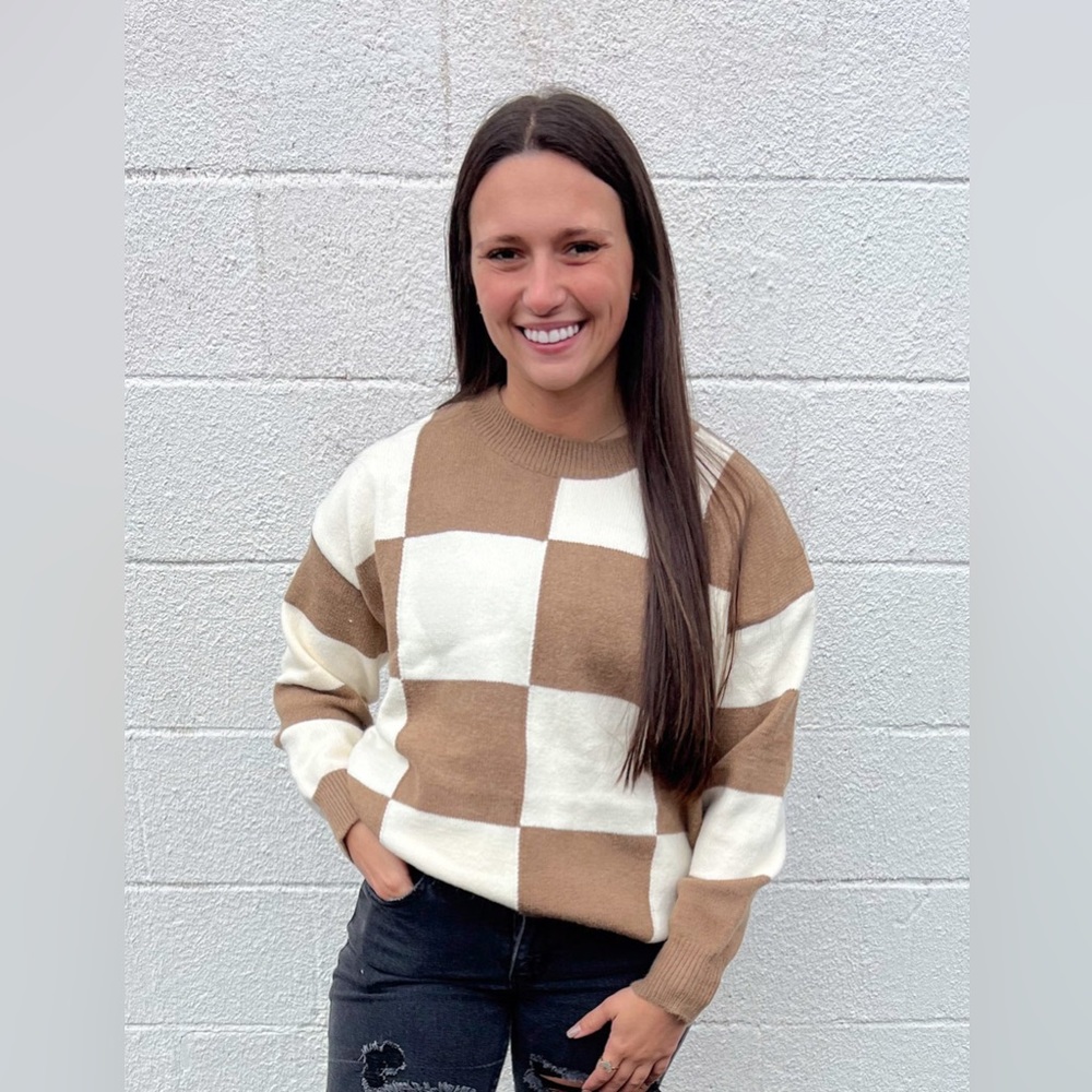 Checker Knit Pullover Sweater - Cream & Brown